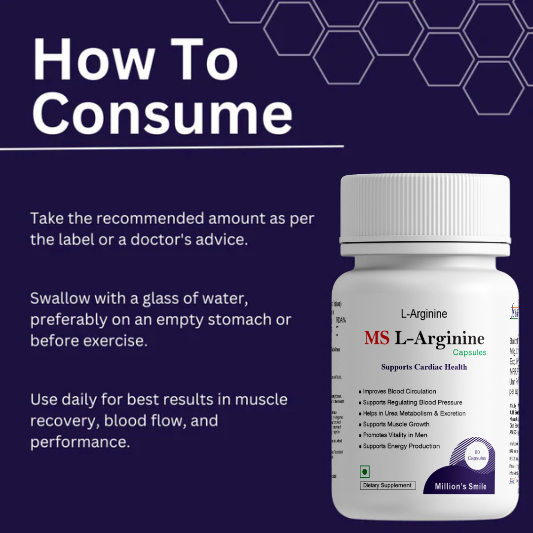 MS L-Arginine supplement bottle with consumption instructions on a dark blue background