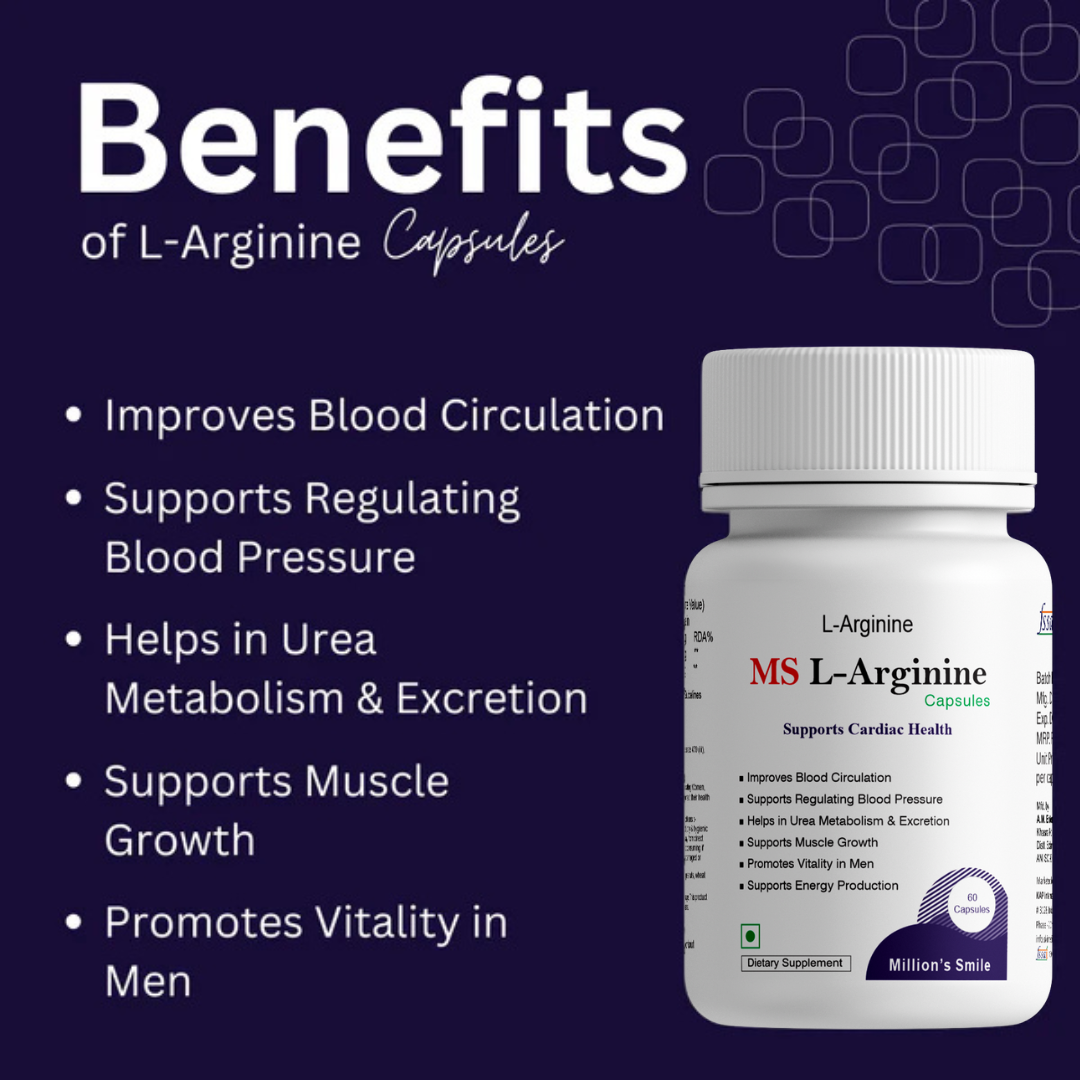 MS L-Arginine capsules bottle with benefits listed on a dark blue background