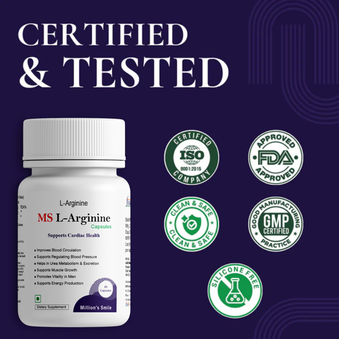 Bottle of L-Arginine supplement with certification logos on a dark blue background