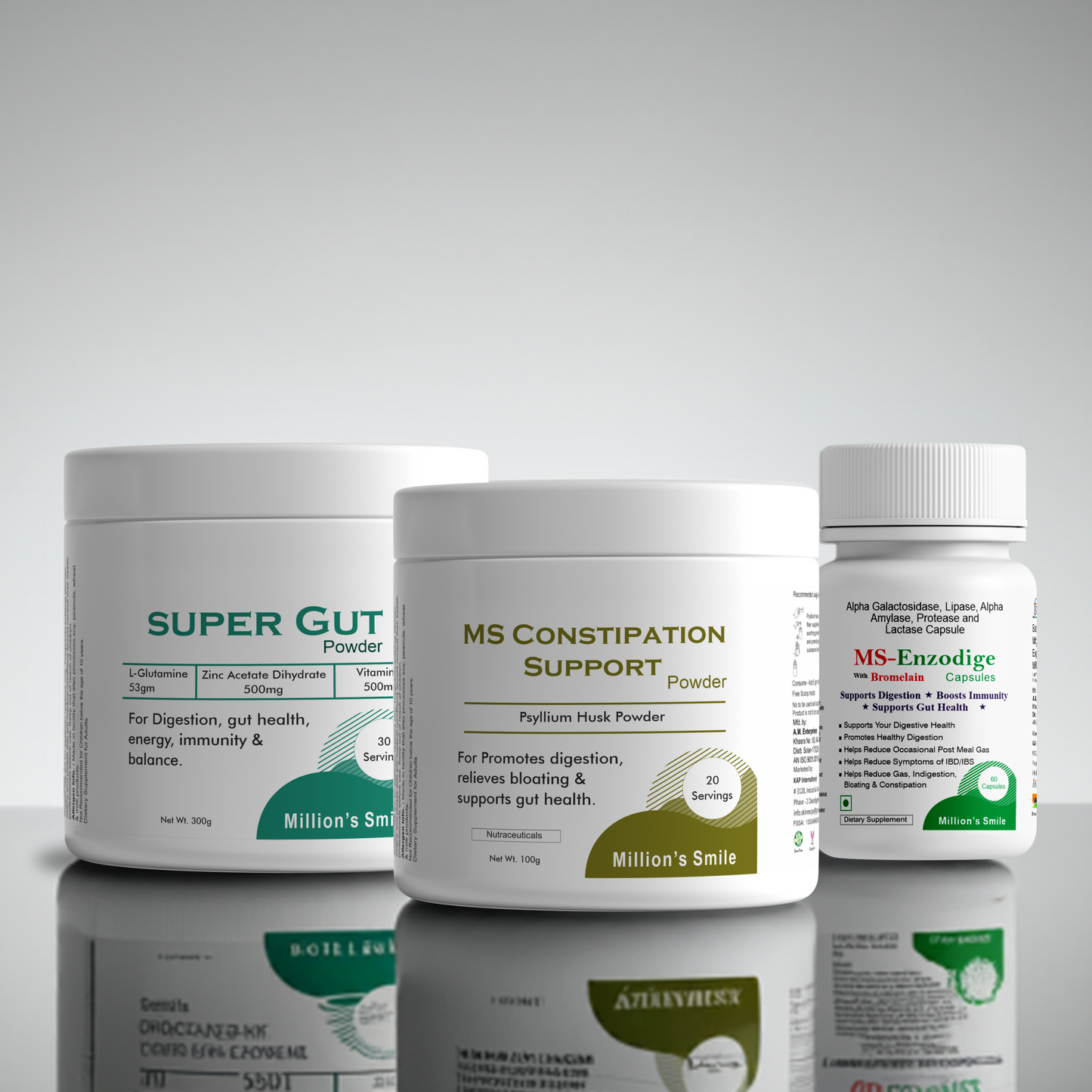 Three health product containers labeled 'Super Gut', 'MS Constipation Support', and 'MS Enzodige' on a reflective surface with a gray background.