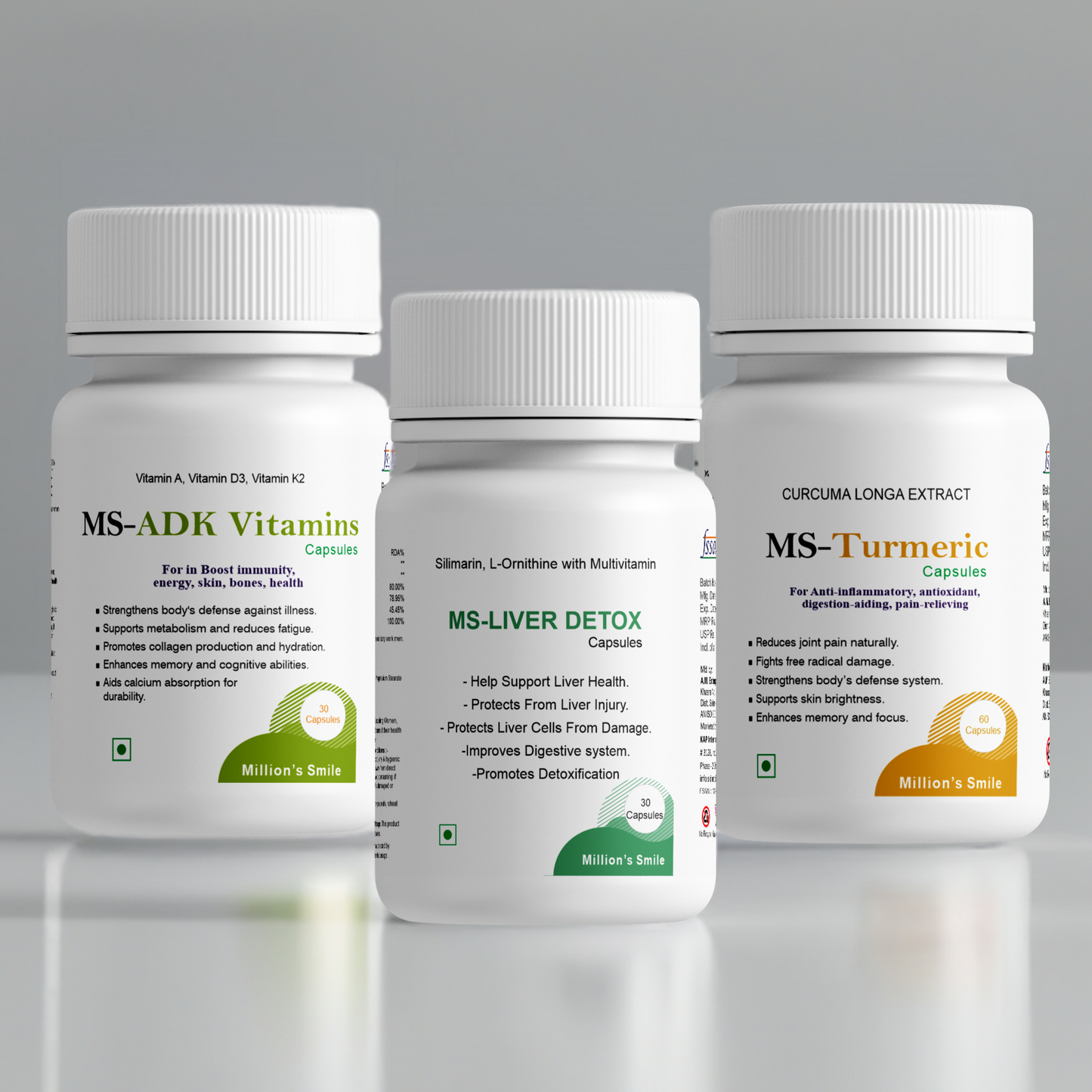 Three bottles of MS vitamins and supplements on a gray background