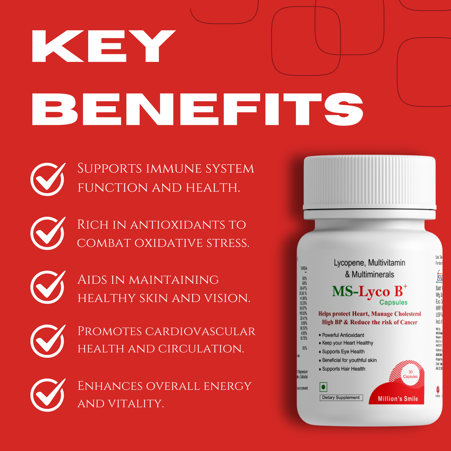 MS-Lyco B supplement bottle with key benefits listed on a red background