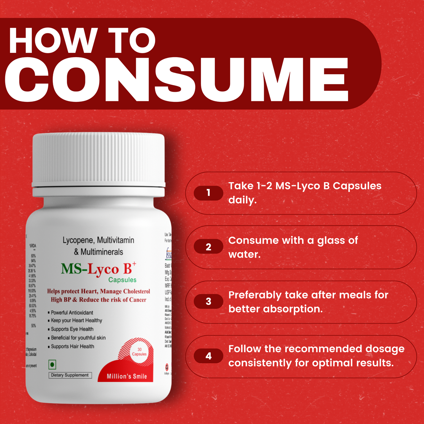 MS-Lyco B capsules packaging with consumption instructions on a red background