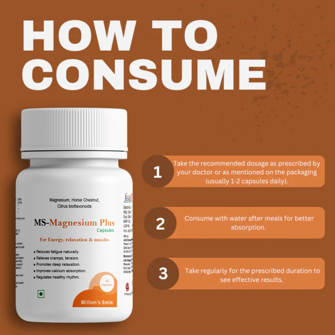 MS-Magnesium Plus supplement bottle with consumption instructions on a brown background