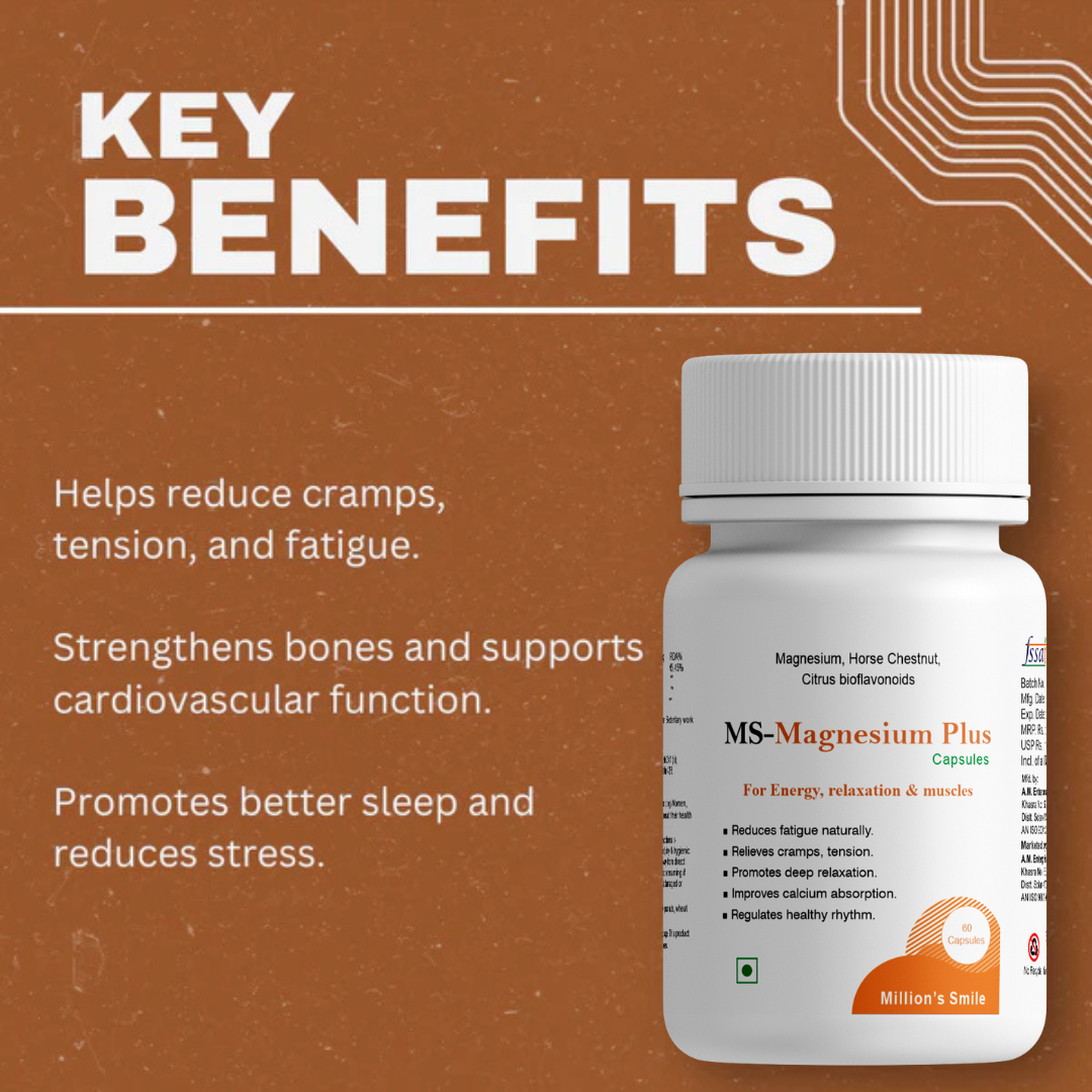 MS-Magnesium Plus supplement bottle with key benefits listed on a brown background