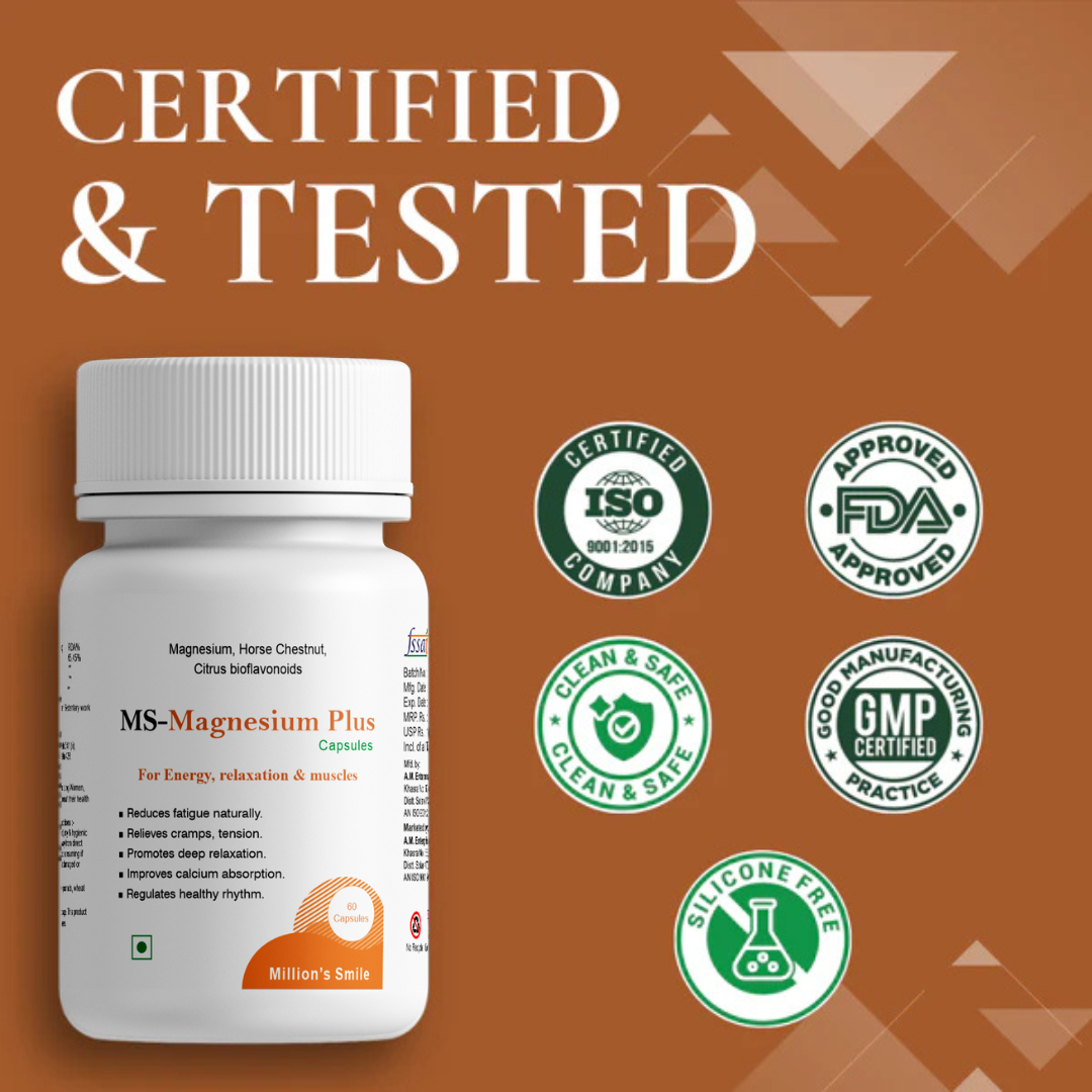 MS-Magnesium Plus supplement bottle with certification logos on a brown background