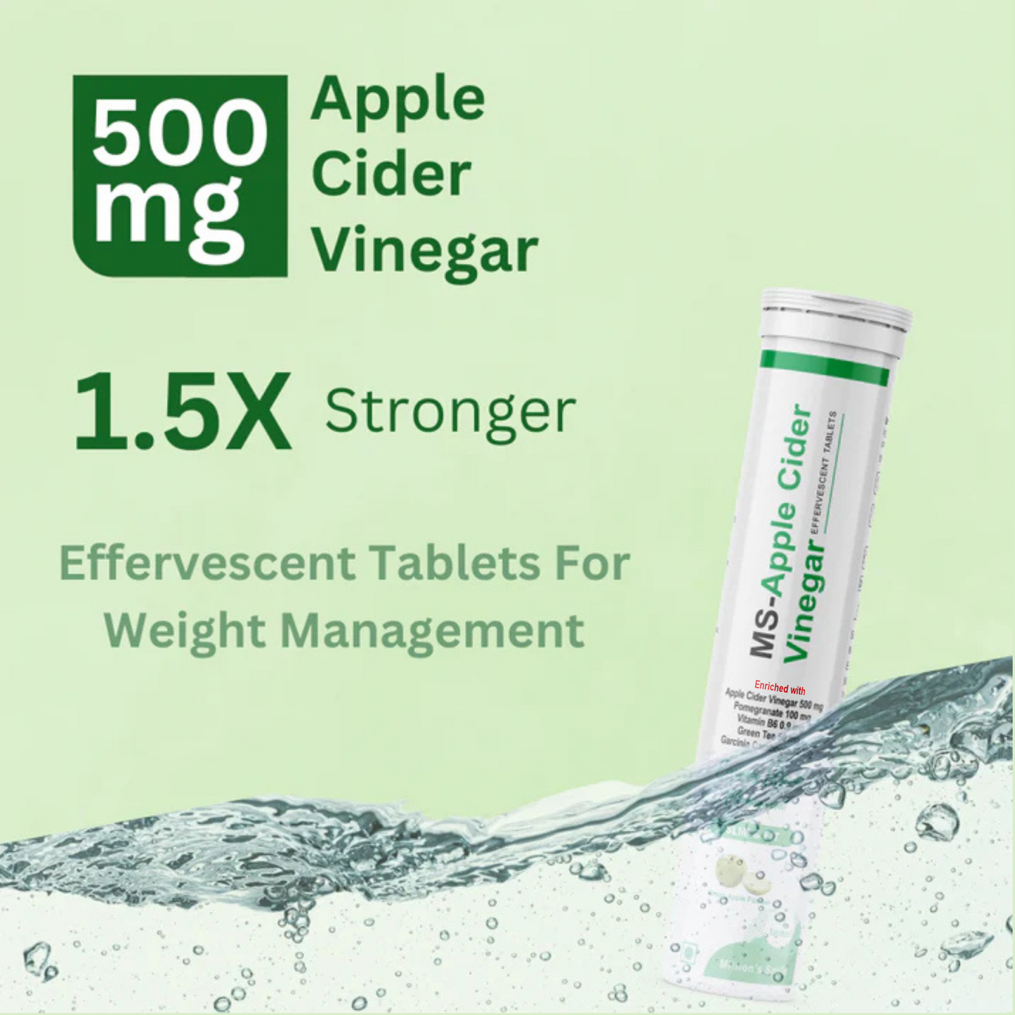 Apple cider vinegar supplement packaging with water droplets on a green background