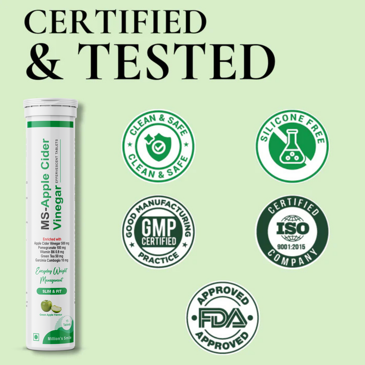 MS-Apple Cider Vinegar supplement tube with certification logos on a green background