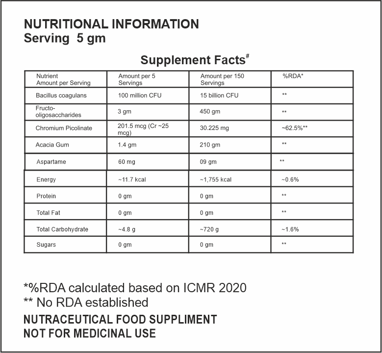 Nutritional information and supplement facts table for a nutraceutical food supplement.