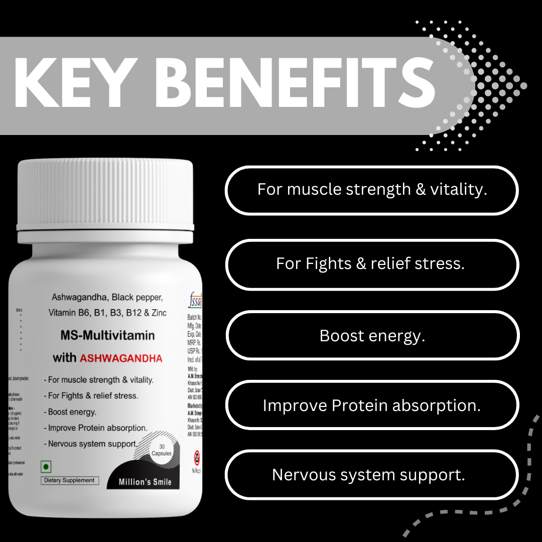 Multivitamin bottle with key benefits listed on a black background