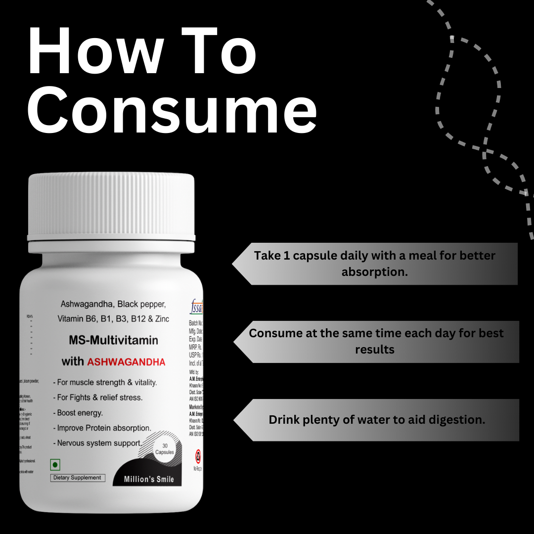 Multivitamin bottle with consumption instructions on a black background
