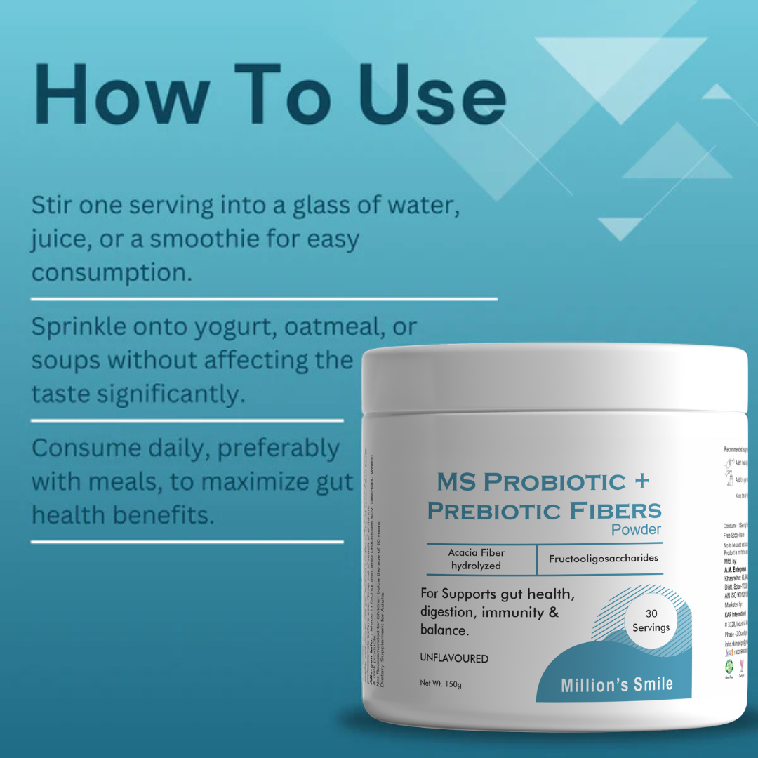 Container of MS Probiotic + Prebiotic Fibers Powder with usage instructions on a blue background