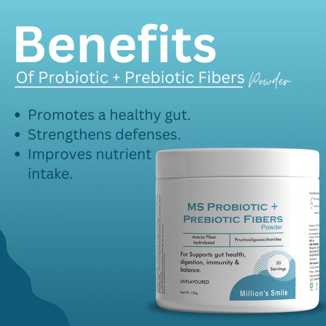 MS Probiotic + Prebiotic Fibers Powder container with benefits listed on a blue background