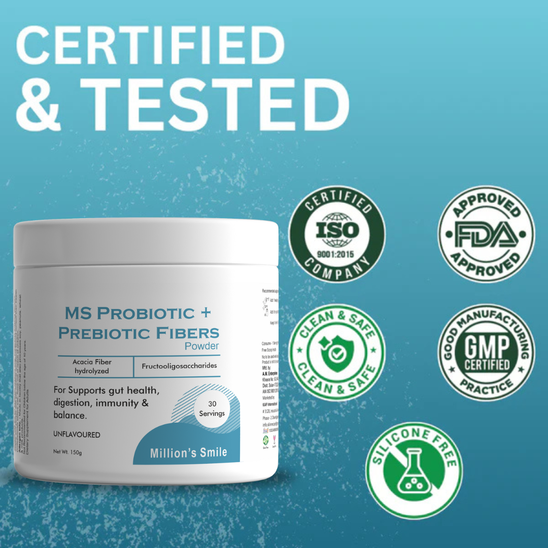 Container of MS Probiotic + Prebiotic Fibers Powder with certification logos on a blue background