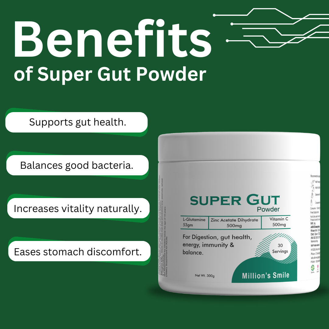 Super Gut Powder container with benefits listed on a green background