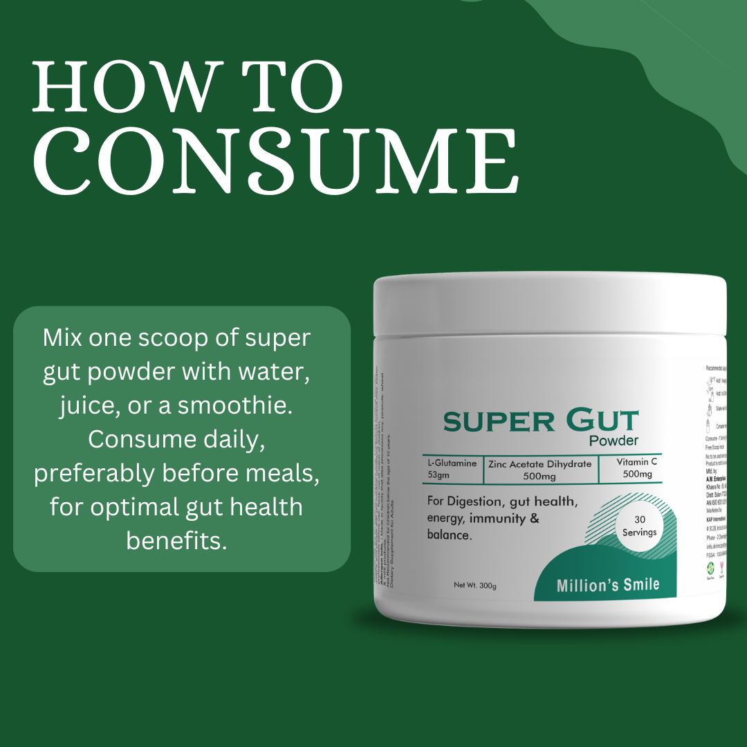 Super Gut Powder container with consumption instructions on a green background