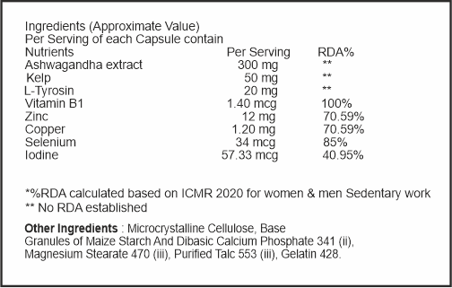 Nutritional label for a supplement capsule with ingredients and their approximate values.