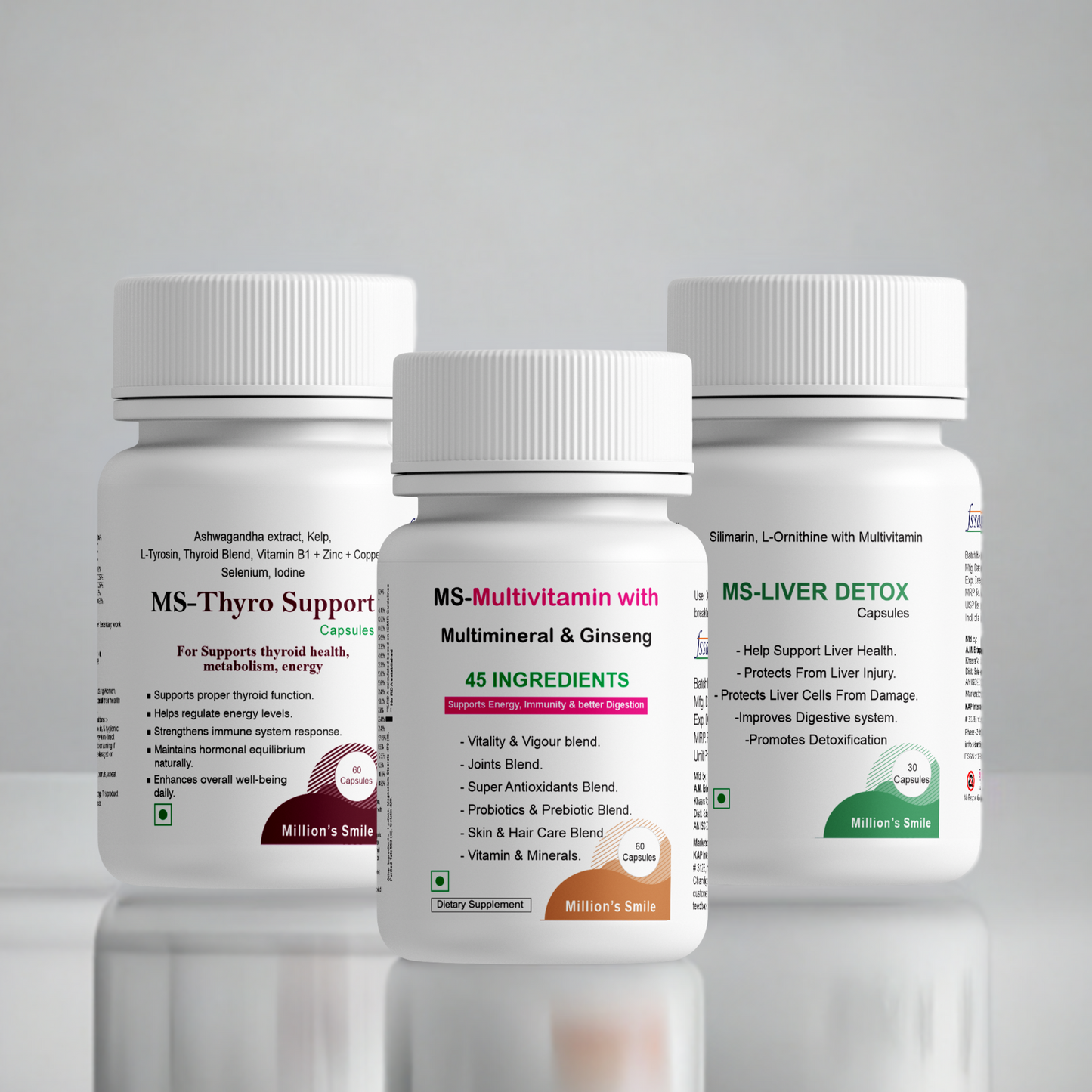 Three bottles of MS Thyro Support, MS Multivitamin with Multimineral & Ginseng, and MS Liver Detox on a gray background