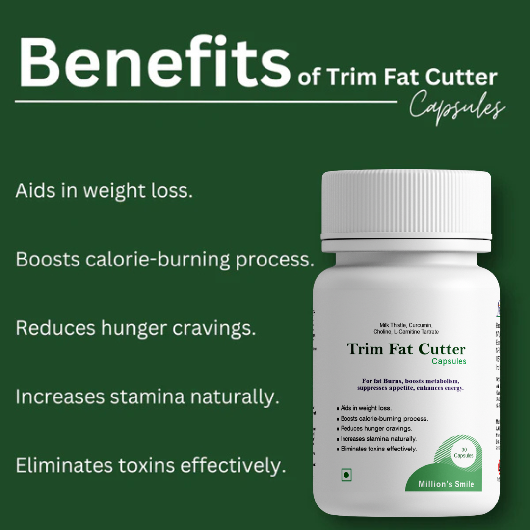 Trim Fat Cutter capsules bottle with benefits listed on a green background