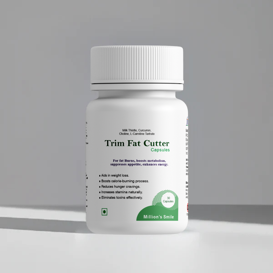 White bottle of Trim Fat Cutter capsules on a gray background