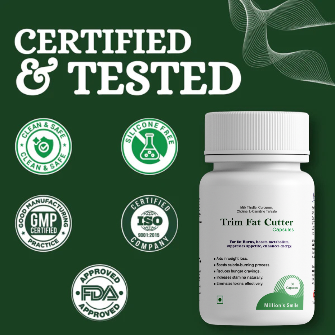 White supplement bottle labeled 'Trim Fat Cutter' with certification logos on a green background
