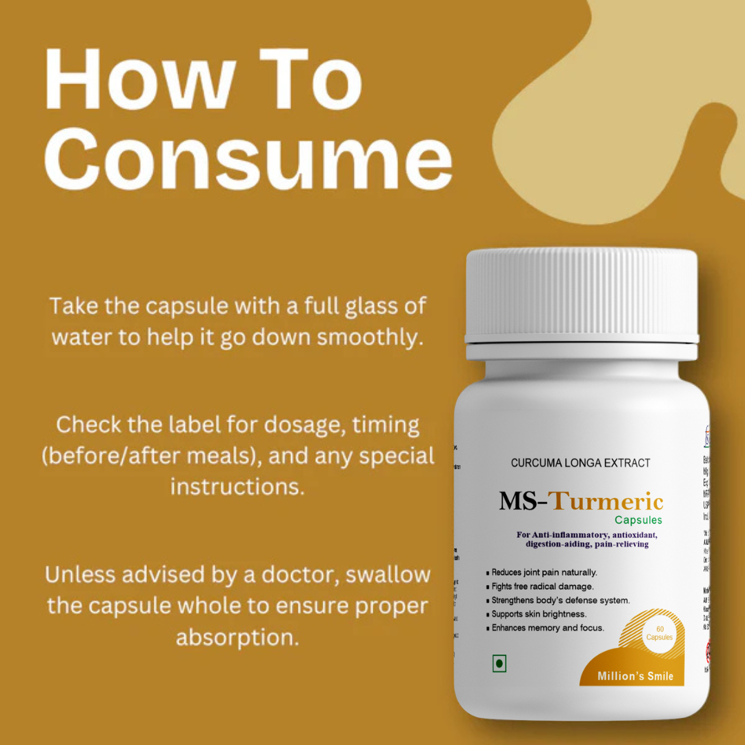 MS-Turmeric capsule bottle with consumption instructions on a brown background
