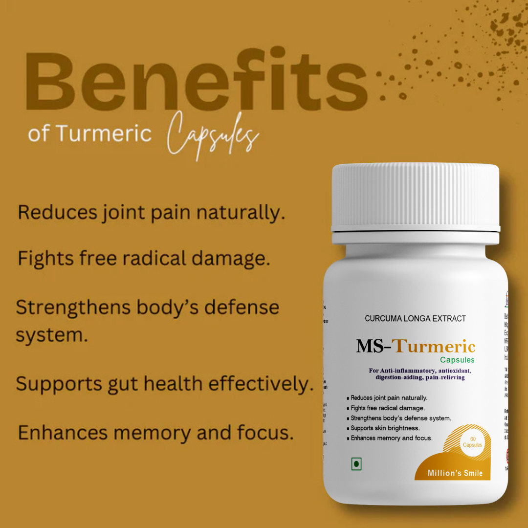 MS-Turmeric capsules bottle with benefits listed on a brown background