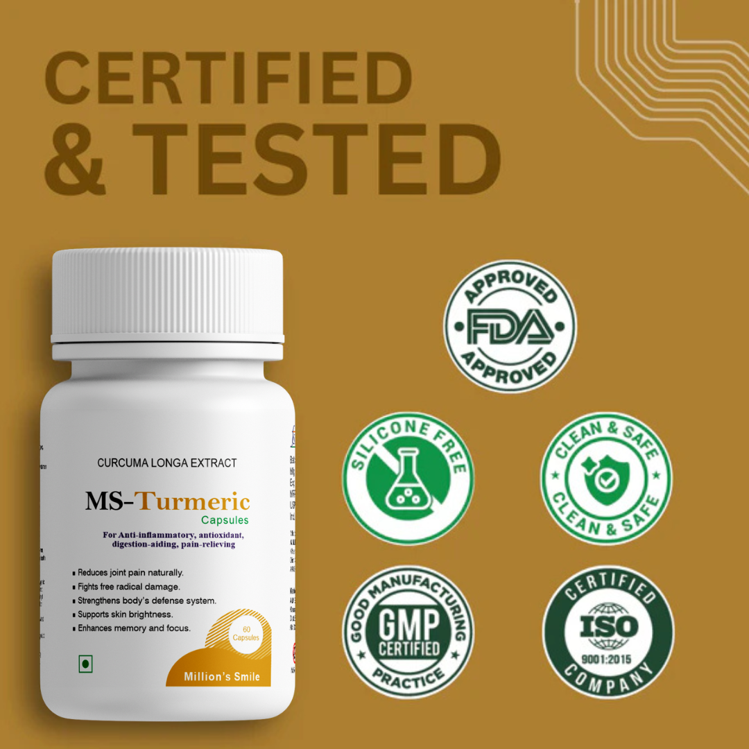 MS Turmeric supplement bottle with certification logos on a brown background