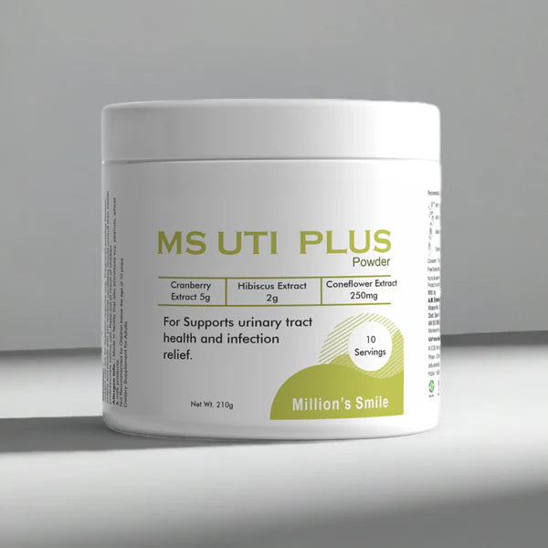 Container of MS UTI Plus Powder by Million's Smile on a gray background