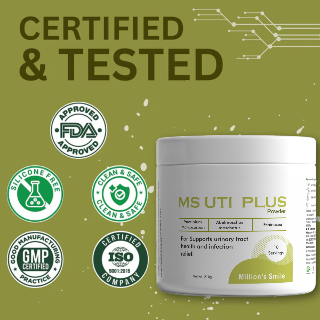 Container of MS UTI Plus powder with certification logos on a green background