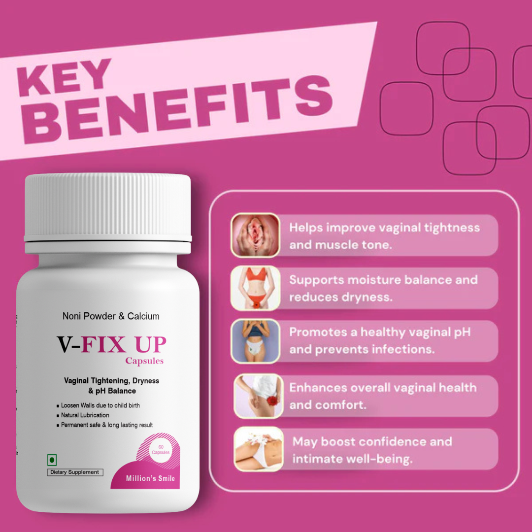 V-Fix Up capsules bottle with key benefits on a pink background