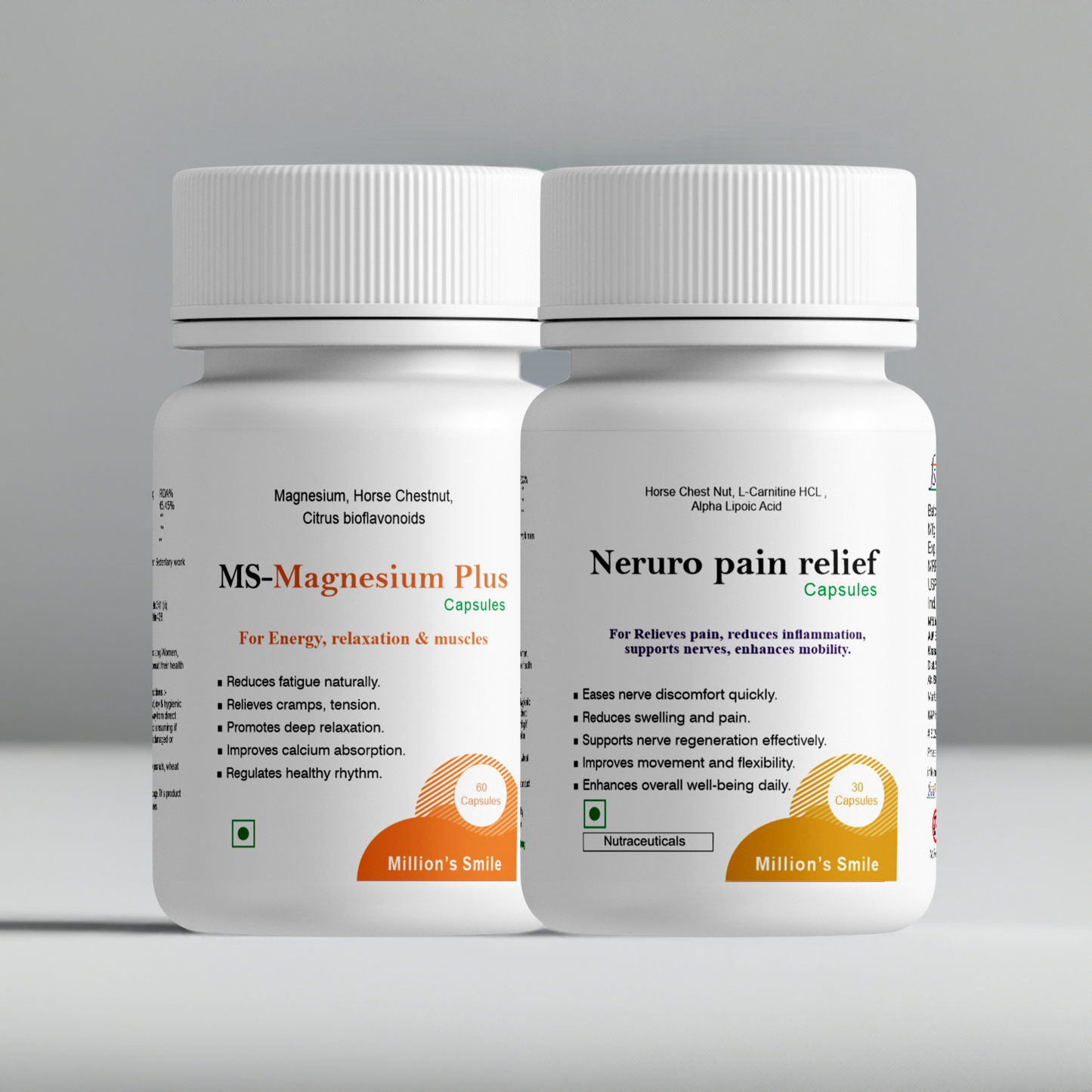 Two bottles of 'MS-Magnesium Plus' and 'Neruro pain relief' capsules on a gray background.