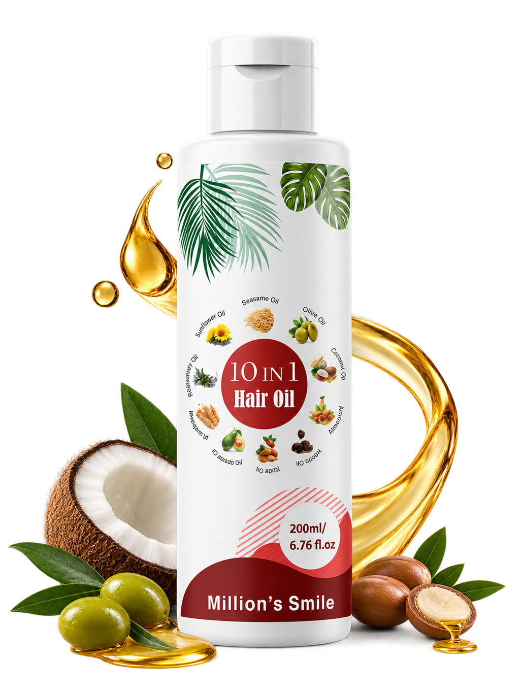 Million’s Smile 10-in-1 Hair Oil for Hair Fall Control, Hair Growth & Stronger, Shinier Hair – 200ml