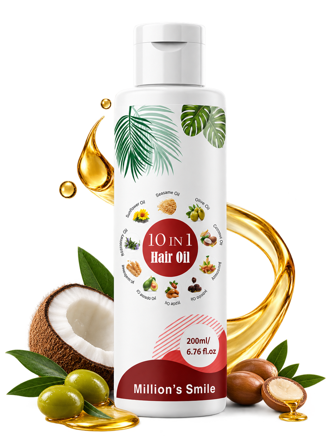 Million’s Smile 10-in-1 Hair Oil for Hair Fall Control, Hair Growth & Stronger, Shinier Hair – 200ml