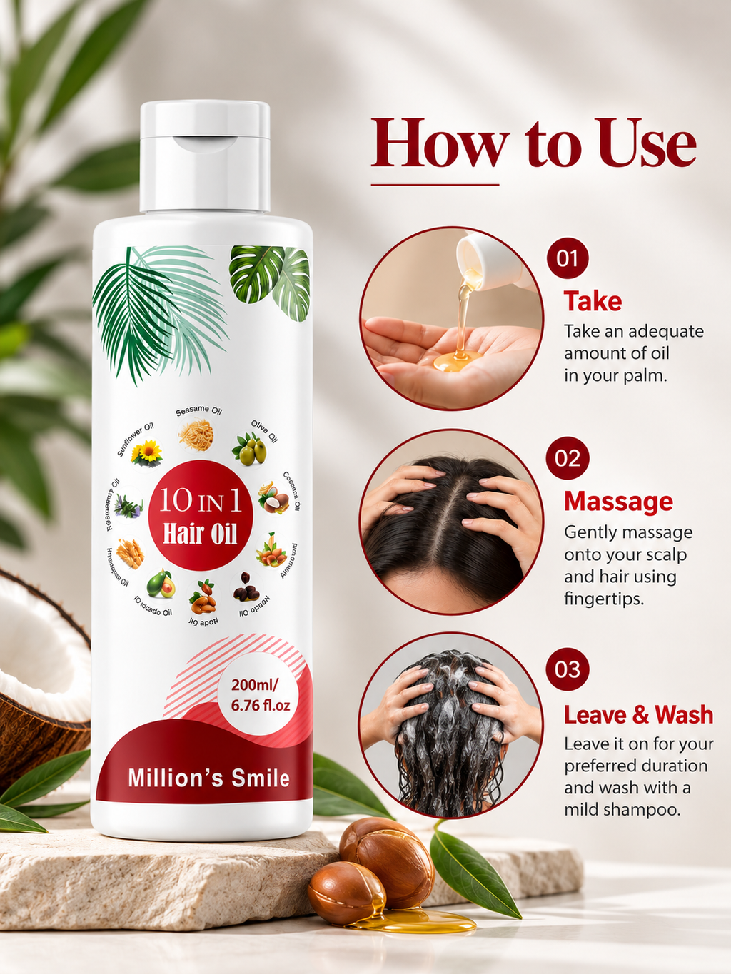 Million’s Smile 10-in-1 Hair Oil for Hair Fall Control, Hair Growth & Stronger, Shinier Hair – 200ml