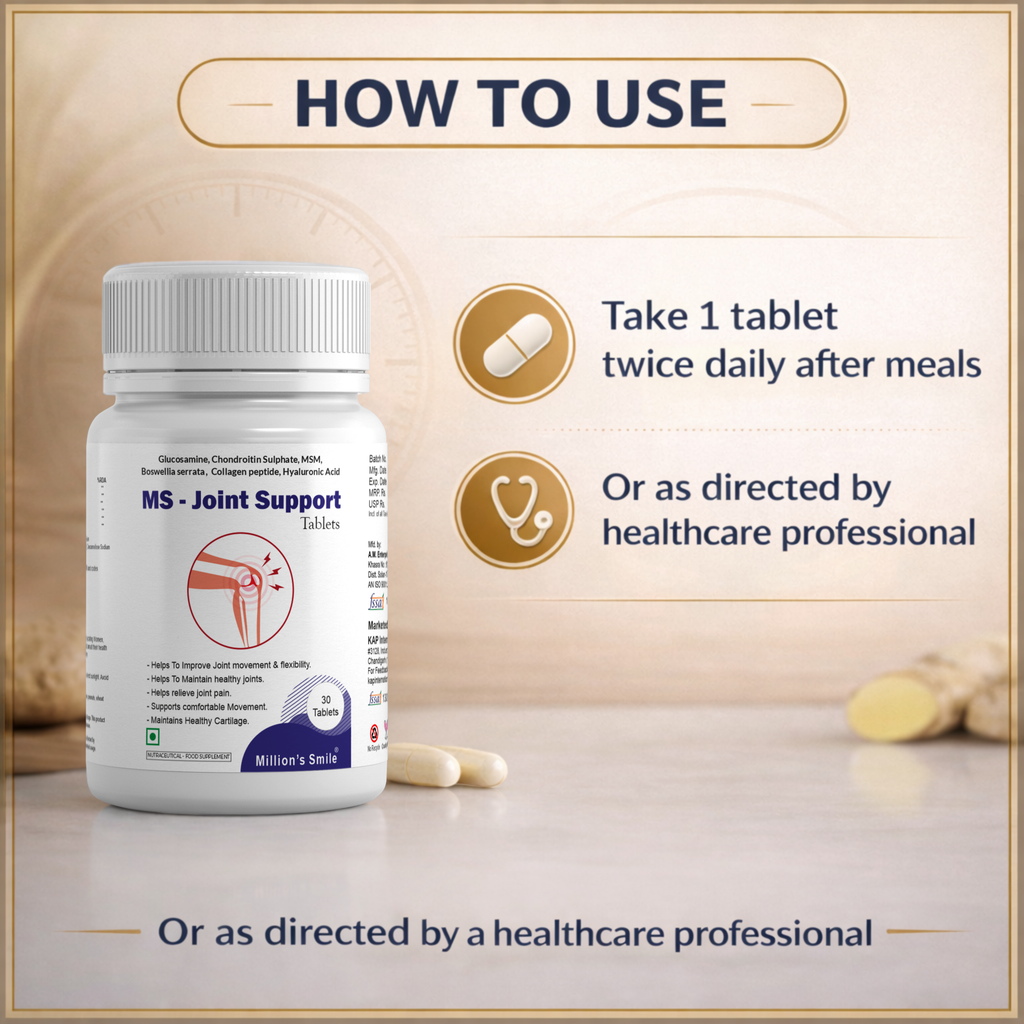 MS Joint Support supplement bottle with usage instructions on a beige background