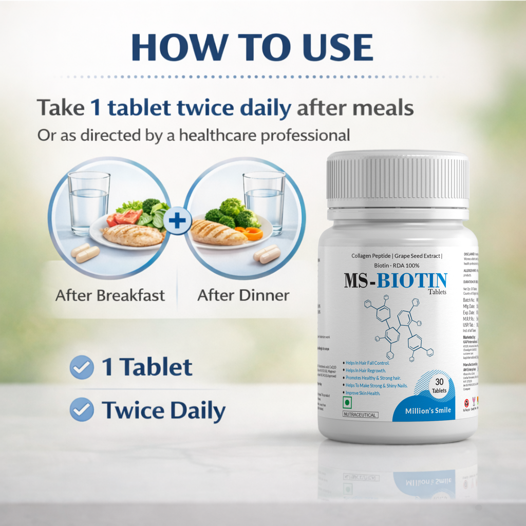 MS-Biotin supplement bottle with usage instructions on a blurred background