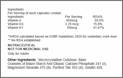 Nutritional label for capsules with vitamin and mineral content details.