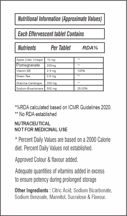 Apple_Cider_Vinegar_Effervescent_Tablet Nutritional information label for Effervescent tablets with ingredients and RDA values.