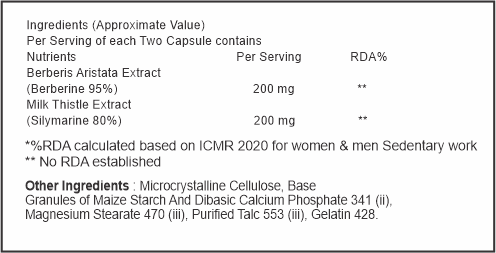 Nutritional label for a supplement containing Berberis aristata extract and Milk Thistle extract.