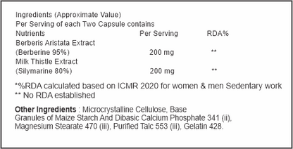 Nutritional label for a supplement containing Berberis aristata extract and Milk Thistle extract.