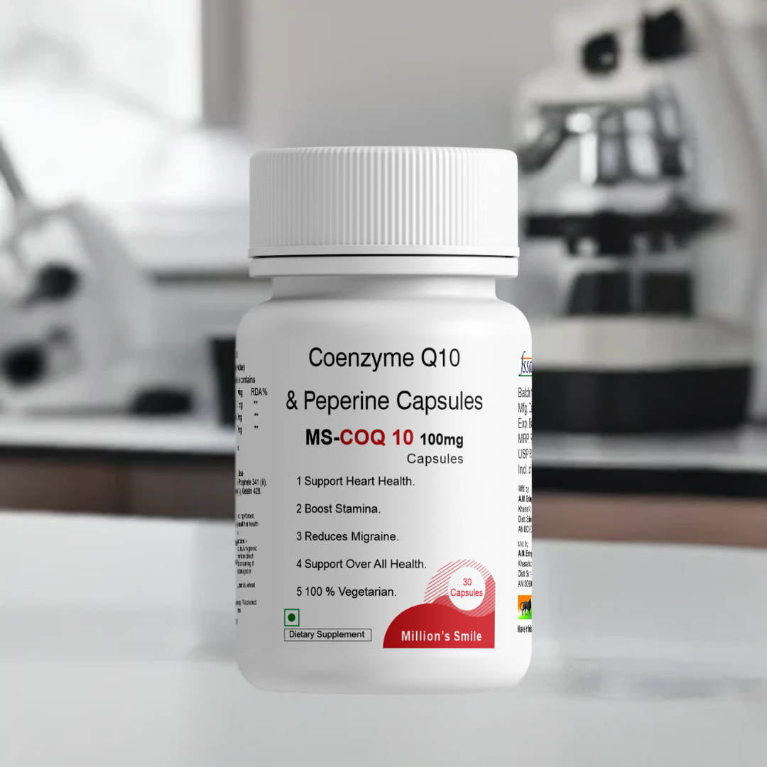 Coenzyme Q10 & Peperine Capsules bottle with a blurred background