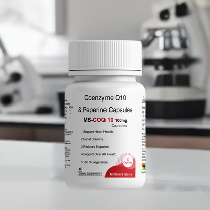 Coenzyme Q10 & Peperine Capsules bottle with a blurred background