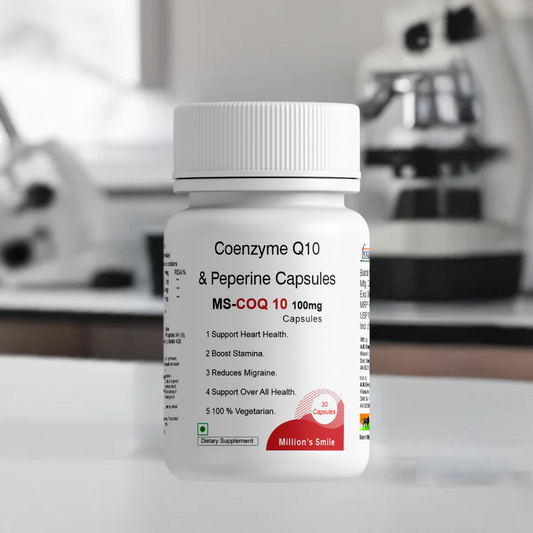 Coenzyme Q10 & Peperine Capsules bottle with a blurred background