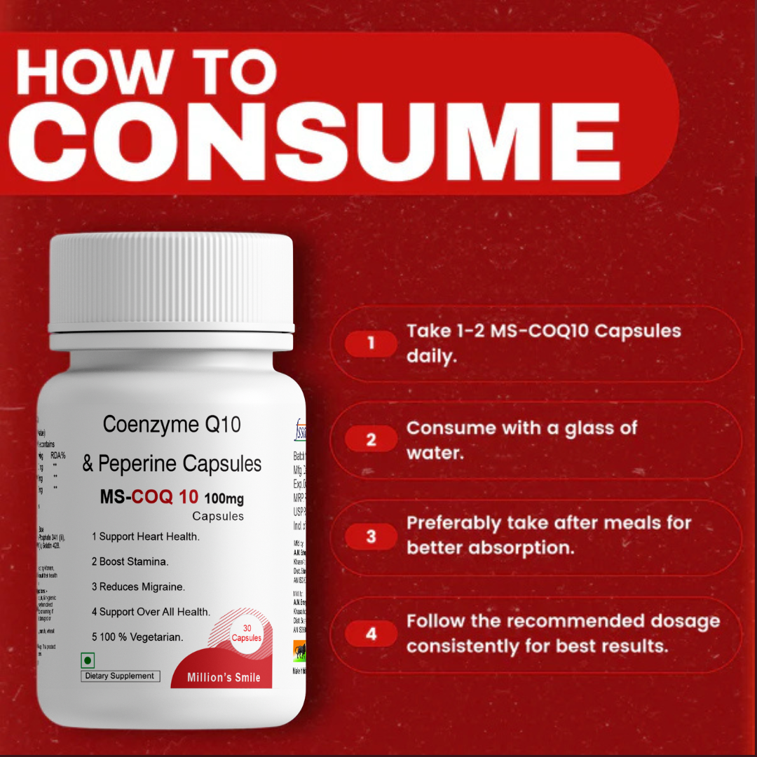 Coenzyme Q10 and Peppercorn Capsules with consumption instructions on a red background