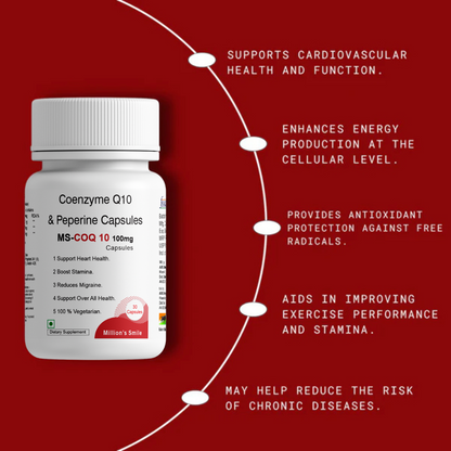 Coenzyme Q10 and Peperine Capsules bottle with health benefits on a red background