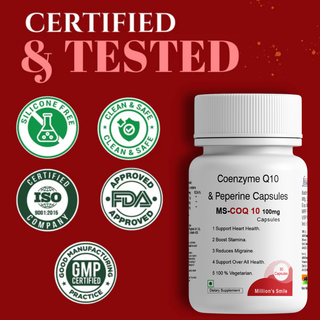 Coenzyme Q10 supplement bottle with certification logos on a red background