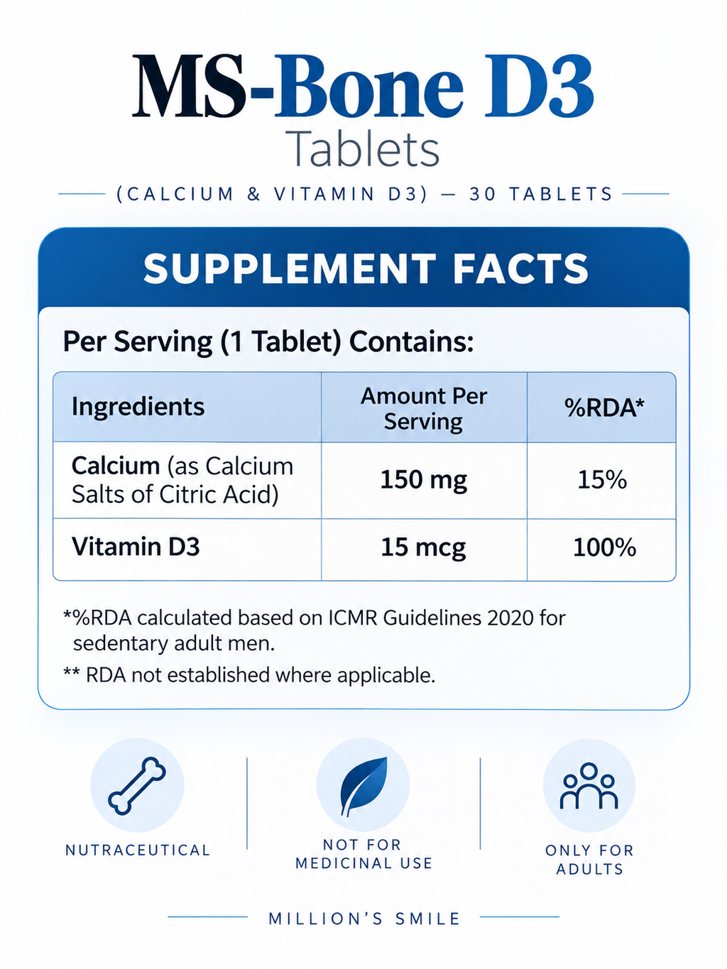 MS-Bone D3 Tablets (Calcium & Vitamin D3) – 30 Tablets