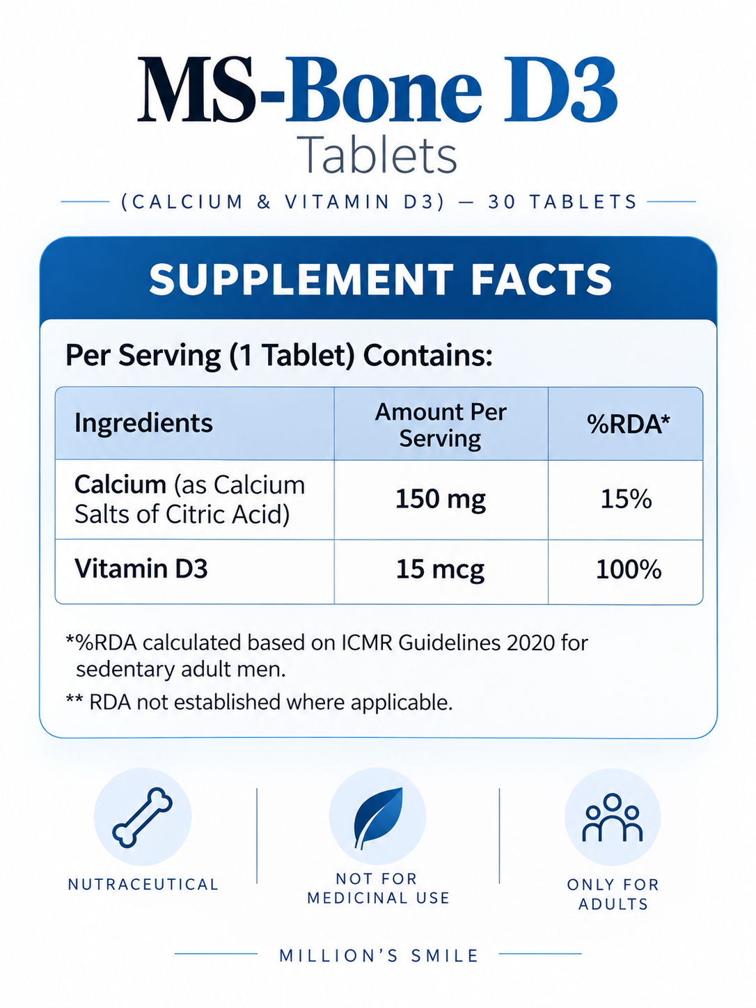 MS-Bone D3 Tablets (Calcium & Vitamin D3) – 30 Tablets