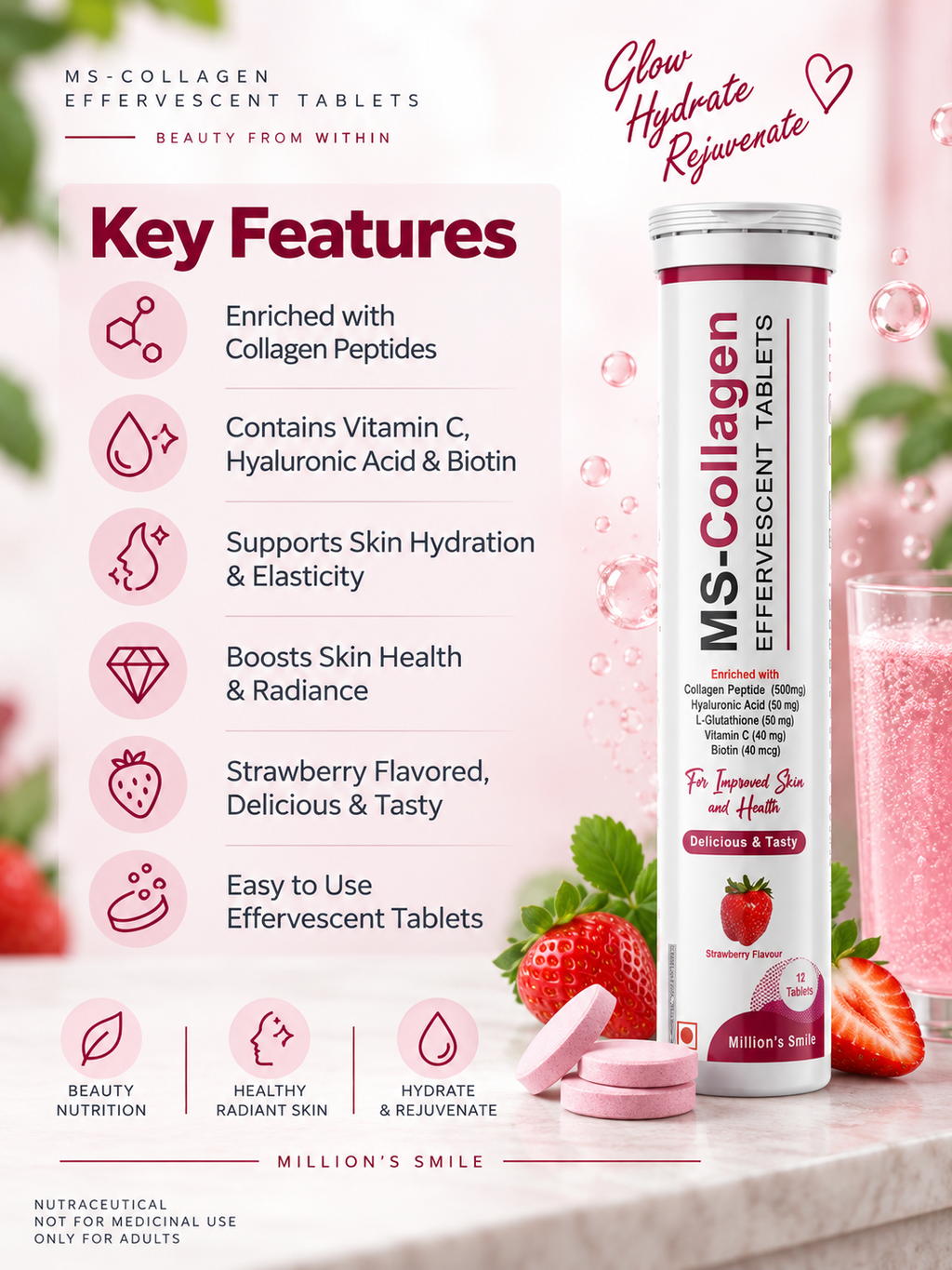 MS-Collagen Effervescent Tablets – Strawberry Flavour (15 Tablets)